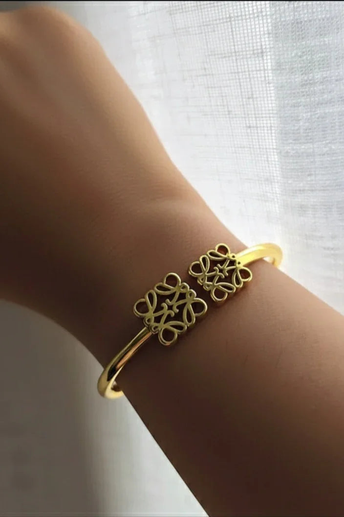 Elegant gold cuff bracelet with filigree square design from Blissbymi jewellery collection